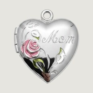 Sterling Silver 925 Mom Heart Locket Pendant Pink Enamel Rose Floral Engraved